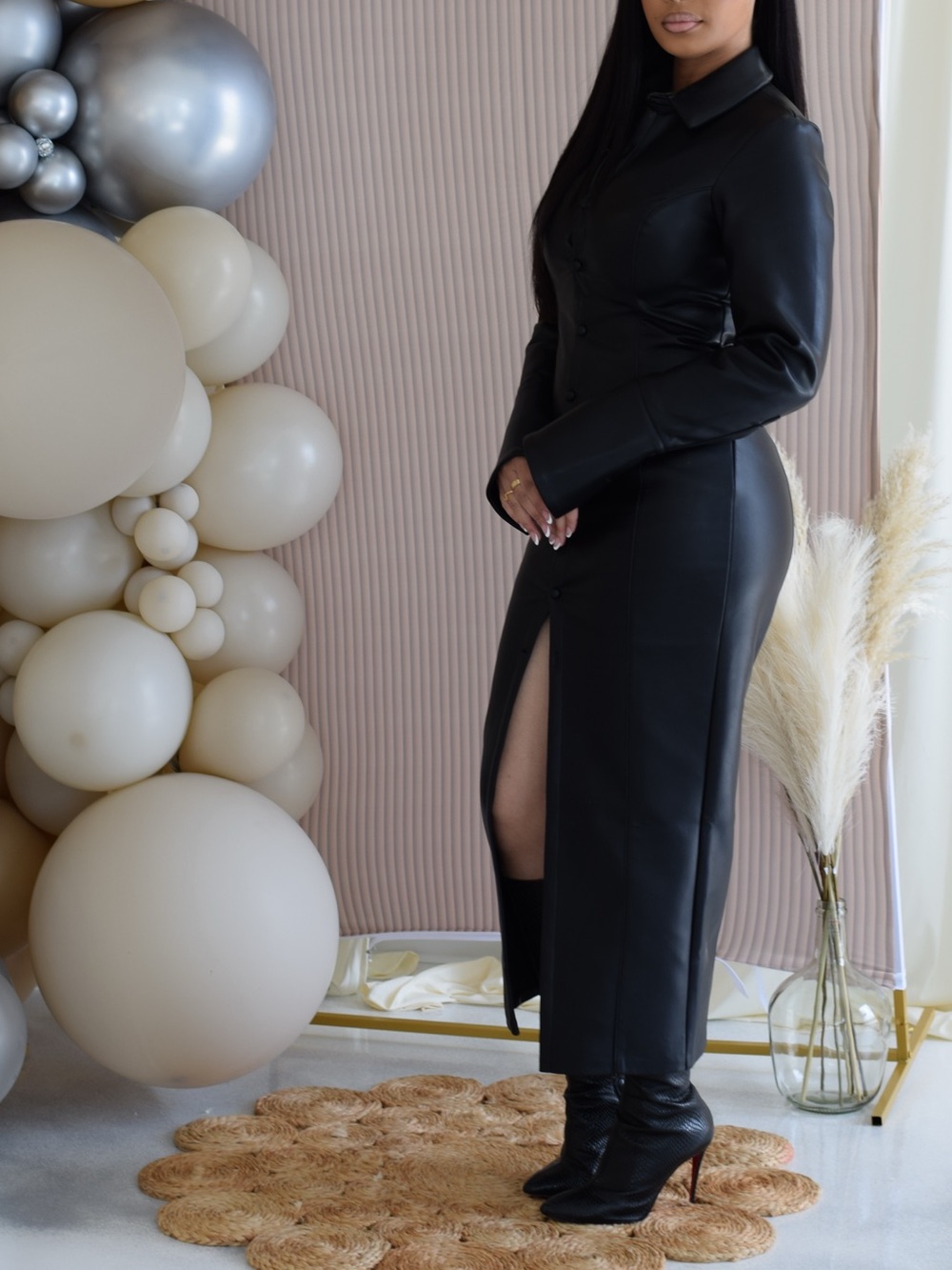 Maniere De Voir Black Faux Leather Midaxi Dress with Front Slit - Picture 9 of 9